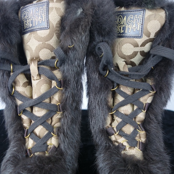Coach Jennie Monogram Tan & Brown Lace-Up Faux Rabbit Fur Boots, Size 8.5 B - Picture 3 of 16